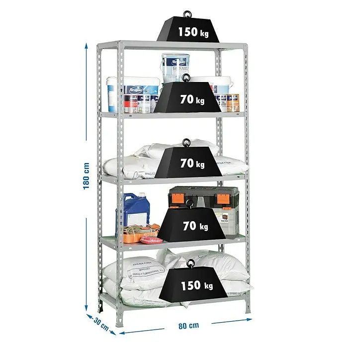 Simonrack Simonclick Metallregal Ecoclick Mini - H x B x T: 180 x 80 x 30 cm, Traglast pro Boden: 70 kg, Anzahl Böden: 5 Stk., Stecken, Silber - Aufnahme eines beladenen, grauen Schwerlastregals mit fünf Ebenen und Gewichtsangaben.