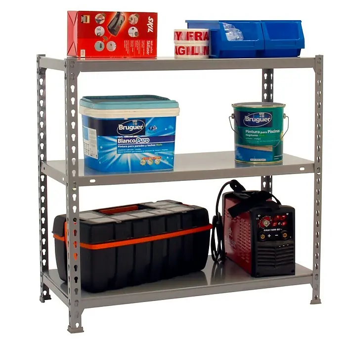 Simonrack Simonclick Metallregal Ecoclick Plus - H x B x T: 90 x 100 x 50 cm, Traglast pro Boden: 70 kg, Anzahl Böden: 3 Stk., Stecken, Grau - Regal mit Werkzeug, Farbe und Behältern.