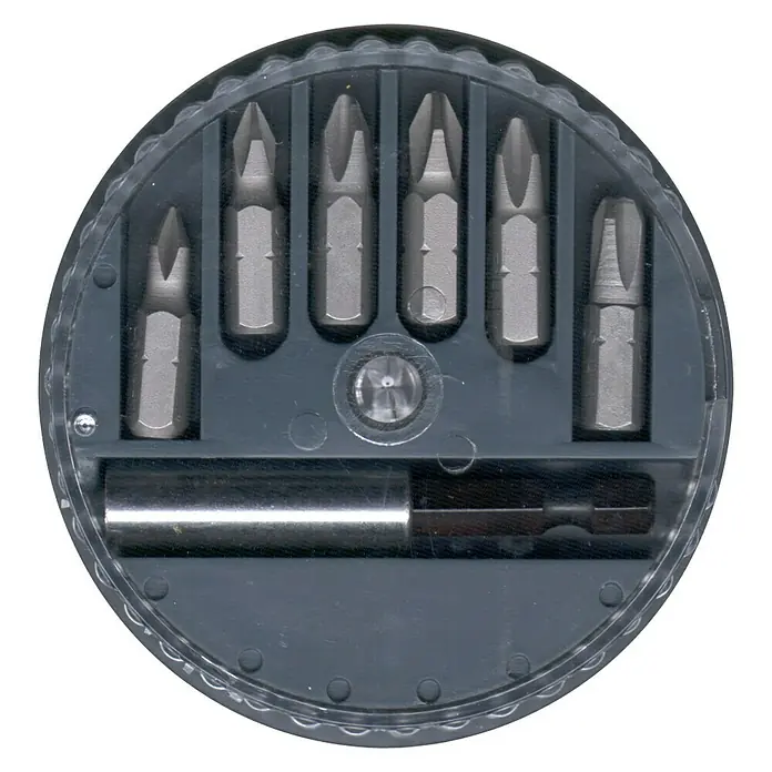 Connex Set de puntas BPT310002 - 7 pzs. - Un soporte de puntas de destornillador redondo y gris con varias puntas y un inserto de soporte magnético para diversas tareas de atornillado.