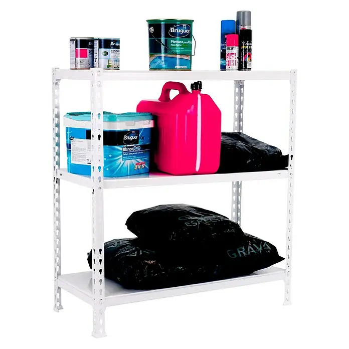 Simonrack Simonclick Metallregal Ecoclick SuperPlus - H x B x T: 90 x 110 x 40 cm, Traglast pro Boden: 70 kg, Anzahl Böden: 3 Stk., Stecken, Weiß - Regal mit diversen Farbdosen, Eimern und Säcken.