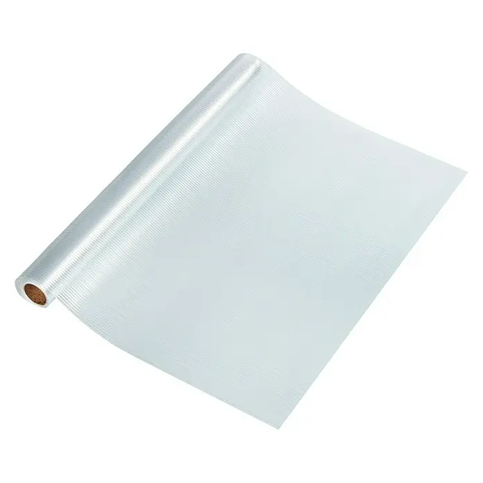 Wenko Antirutschmatte - Weiß, L x B: 50 x 150 cm - Eine Rolle transparenter, geriffelter Regalschutzfolie, teilweise abgerollt, auf schwarzem Hintergrund, ideal für Küchen- und Badschränke.