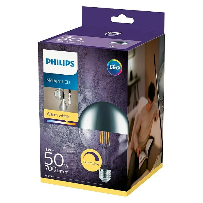 Philips Bombilla LED Modern Deco - E27, Intensidad regulable, Blanco cálido, 700 lm, 8 W - Primer plano del embalaje de una lámpara LED Philips con la inscripción "LED moderno, blanco cálido, 8W=50W, 700 lúmenes, regulable".