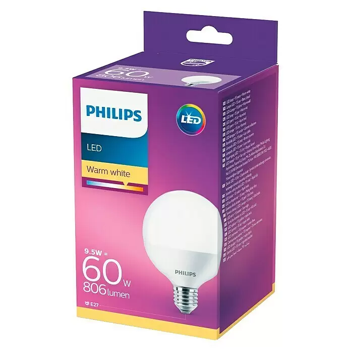 Philips LED-Lampe Globe - E27, Warmweiß, 806 lm, 7 W - Philips LED Warmweißbirne, 9,5W (60W Äquiv.), 806 Lumen, E27, in violetter Verpackung.