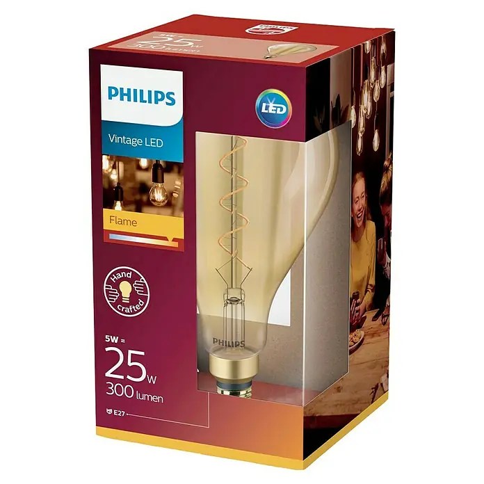 Philips Bombilla LED Vintage Gold - E27, No regulable, Ámbar, 300 lm, 5,5 W, Globo - Primer plano de una bombilla LED Vintage de Philips en un paquete decorativo, destacando el producto y sus características.