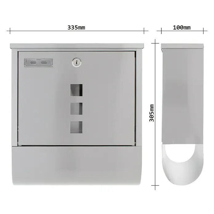 Rottner Wandbriefkasten Costa - L x B x H: 305 x 335 x 100 mm, Edelstahl, Edelstahl, Zeitungsfach - Produktansicht eines Briefkastens mit Maßangaben für Breite (335 mm) und Höhe (305 mm) sowie Tiefe (100 mm).
