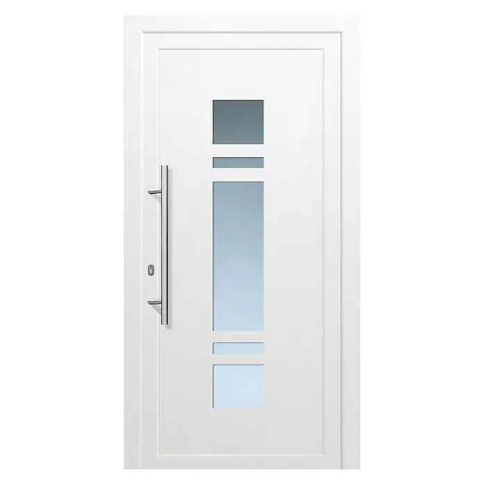 Solid Elements Haustür K-502 - 110 x 210 cm, DIN Anschlag: Links, Weiß - Eine moderne, weiße Eingangstür mit vertikalen Glaseinsätzen und einem eleganten, langen Türgriff aus Edelstahl.