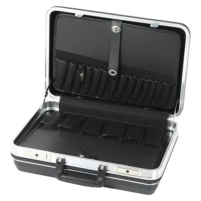 Hepco & Becker Werkzeugkoffer Budget 5041 - L x B: 360 x 490 mm, Höhe: 180 mm, Material: ABS - Offener Werkzeugkoffer mit zahlreichen Fächern zur Aufbewahrung von Werkzeugen. Der Koffer ist schwarz und silberfarben und hat einen Griff.
