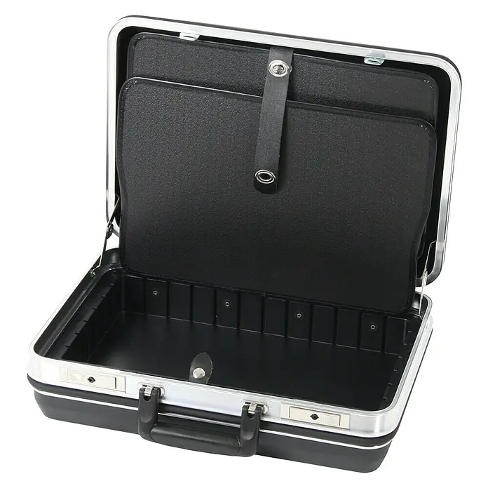 Hepco & Becker Werkzeugkoffer Budget 5041 - L x B: 360 x 490 mm, Höhe: 180 mm, Material: ABS - Offener schwarzer Aktenkoffer mit silberfarbenen Beschlägen und mehreren Fächern zur Organisation von Dokumenten.