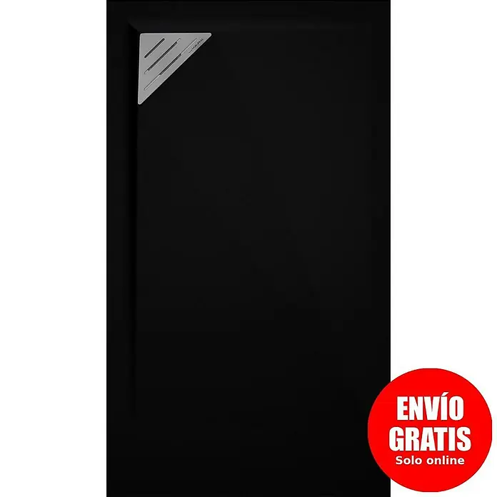 Duplach Plato de ducha Mío - L x An: 90 x 90 cm, Material compuesto, Negro, Rejilla a la izquierda - Plato de ducha negro con detalle plateado y pegatina roja de "Envío Gratis". Accesorio de baño elegante y práctico para baños modernos.