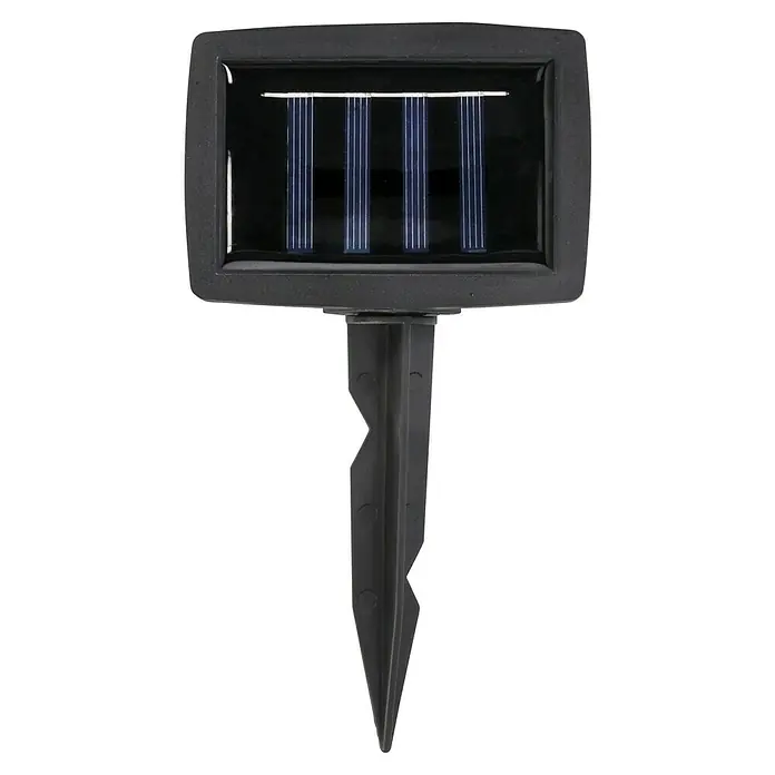 BAUHAUS LED-Solar-Lichterkette Shine - Außen, 4,8 m, Warmweiß - Nahaufnahme einer schwarzen Solar-Gartenleuchte mit Erdspieß. Das Solarpanel ist deutlich sichtbar und umrandet.