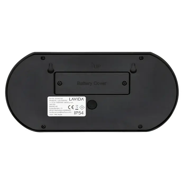 Lavida Solar-Außenwandleuchte - 5 W, L x B x H: 25 x 12 x 6,5 cm, Schwarz, IP54, 500 lm - Rückseite einer schwarzen Lavida-Leuchte, die Details wie Batterieabdeckung und technische Spezifikationen zeigt.