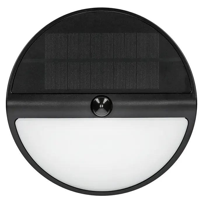 Lavida Solar-Außenwandleuchte - 5 W, L x B x H: 9,7 x 20 x 20 cm, Schwarz, IP54, 500 lm - Schwarze Solarleuchte mit Bewegungsmelder und halbkreisförmiger, weißer Beleuchtung für den Außenbereich.
