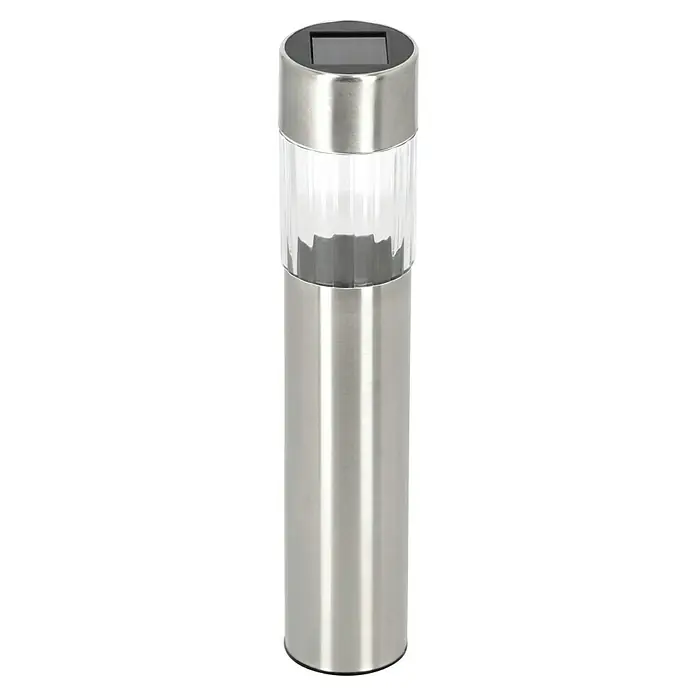 BAUHAUS Solarleuchten-Set Mini - L x B x H: 4,7 mm x 4,7 cm x 33,5 mm, Edelstahl, IP44 - Nahaufnahme einer stilvollen Edelstahl-Gartenleuchte mit Solarpanel und klarem, geriffeltem Lampenschirm. Perfekt für stimmungsvolle Beleuchtung im Außenbereich.
