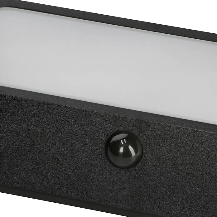 Lavida Solar-Außenwandleuchte - 5 W, L x B x H: 25 x 12 x 6,5 cm, Schwarz, IP54, 500 lm - Nahaufnahme eines LED-Panels mit Bewegungssensor und schwarzem Rahmen, ideal für Außenbereiche.