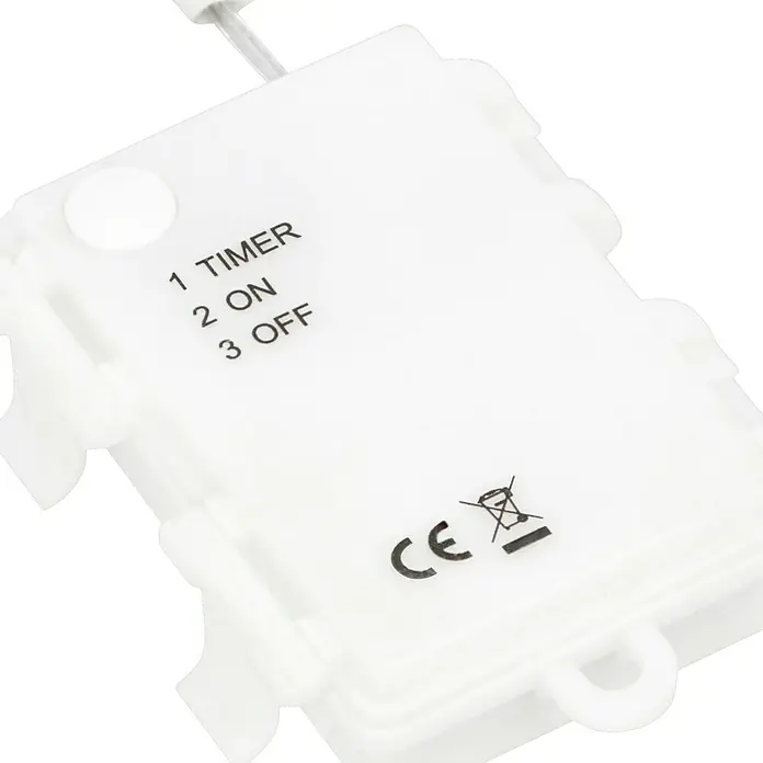 Starlux Hängelampe Laterne - L x B x H: 25 x 25 x 40 cm, Grün - Nahaufnahme einer weißen elektronischen Steuereinheit mit Timer-, Ein/Aus-Einstellungen und CE-Kennzeichnung.