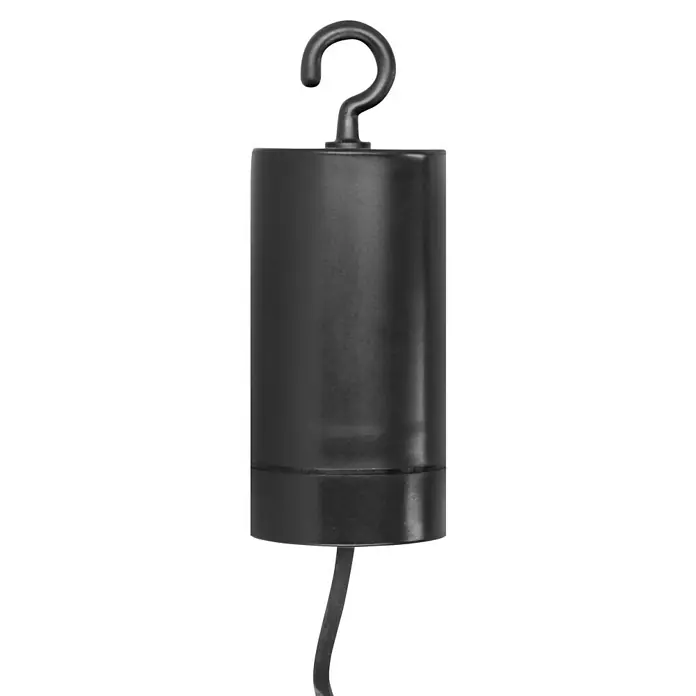 Starlux Hängelampe Rattan - B x L: 14,5 x 21,5 cm, Braun, IP44 - Eine Nahaufnahme eines zylindrischen Gewichts mit einem Haken, das von einer Stange hängt. Das Gewicht ist dunkel und hat eine glatte Oberfläche.