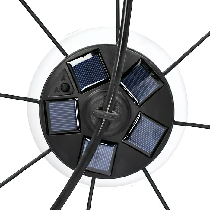 BAUHAUS Solar-Hängeleuchte Basket - L x B x H: 30 x 30 x 70 cm, Schwarz, IP44 - Nahaufnahme der Solarleuchte mit Solarzellen und Aufhängung, ideal für den Garten oder die Terrasse zur stimmungsvollen Beleuchtung.