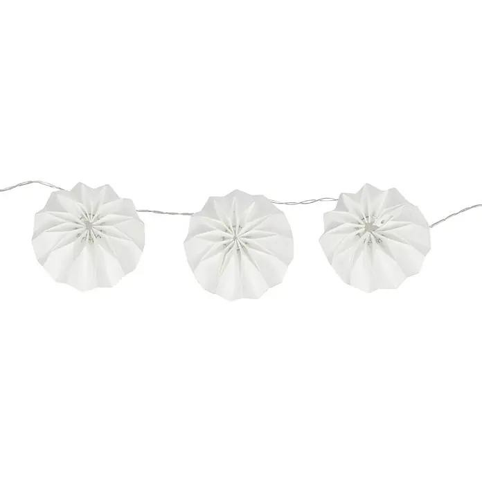 Starlux LED-Lichterkette Kleine Sonnen - Außen, Lichtfarbe: Warmweiß, Anzahl Leuchtmittel: 10 Stk., Akkubetrieben - Dekoratives Bild einer Girlande mit weißen Papierfächern, perfekt für festliche Anlässe und zur Verschönerung von Innenräumen.