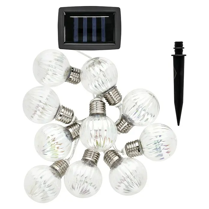 BAUHAUS LED-Solar-Lichterkette Shine - Außen, 4,8 m, Warmweiß - Eine Lichterkette mit Solarpanel und mehreren klaren Glühbirnen, ideal für die Dekoration von Gärten und Terrassen. Schafft eine stimmungsvolle Beleuchtung.