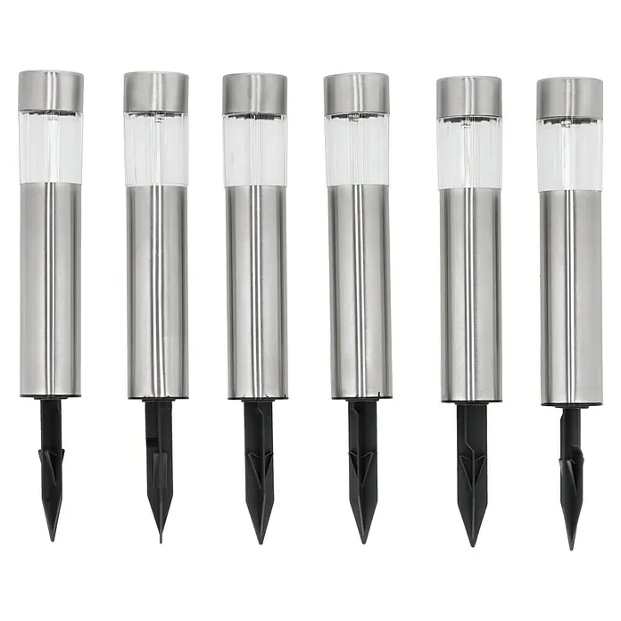 BAUHAUS Solarleuchten-Set Mini - L x B x H: 4,7 mm x 4,7 cm x 33,5 mm, Edelstahl, IP44 - Eine Reihe von sechs Gartenleuchten aus Edelstahl mit schwarzen Erdspießen. Die Leuchten sind gleichmäßig angeordnet und beleuchten Wege.