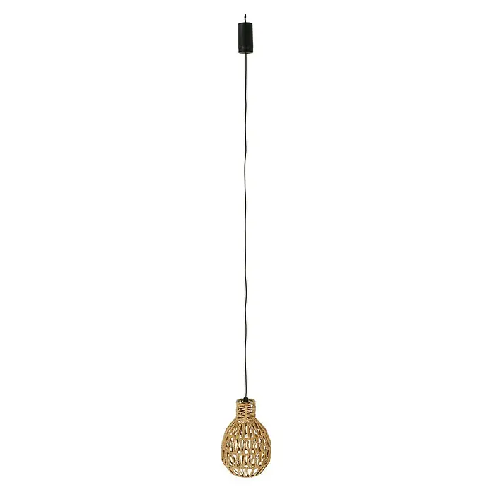 Starlux Hängelampe Rattan - B x L: 14,5 x 21,5 cm, Braun, IP44 - Eine Hängelampe mit einem Lampenschirm aus geflochtenem Material und einer schwarzen Aufhängung. Die Lampe strahlt ein warmes, gemütliches Licht aus.