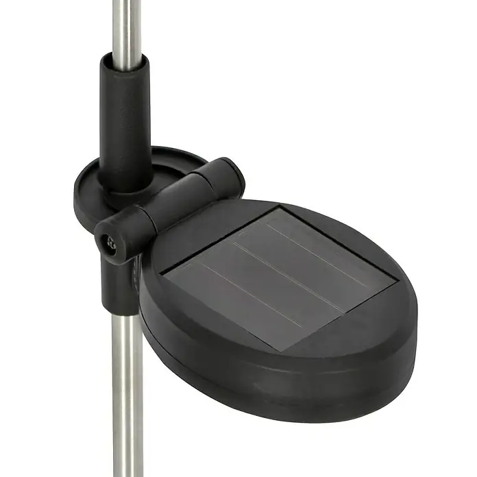 BAUHAUS Solar-Dekoleuchte Mond - 0,12 W, L x B x H: 8,5 x 6 x 82 cm, Schwarz, IP44 - Detailaufnahme einer schwarzen Solarleuchte mit Montagehalterung an einem silbernen Mast, ideal für Garten oder Terrasse.