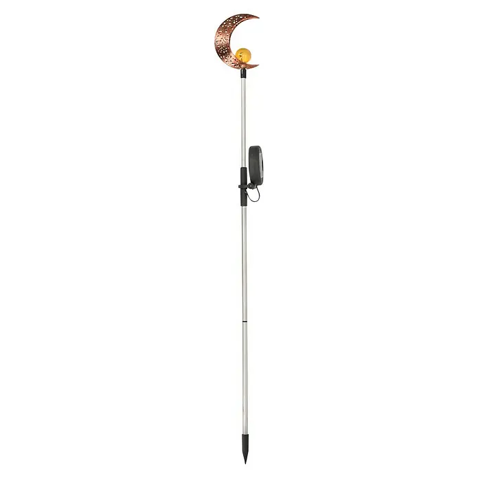 BAUHAUS Solar-Dekoleuchte Mond - 0,12 W, L x B x H: 8,5 x 6 x 82 cm, Schwarz, IP44 - Solarbetriebene Gartenleuchte mit Mondsichel-Design. Die Leuchte besteht aus Metall und hat eine goldene Kugel für stimmungsvolle Beleuchtung im Garten.
