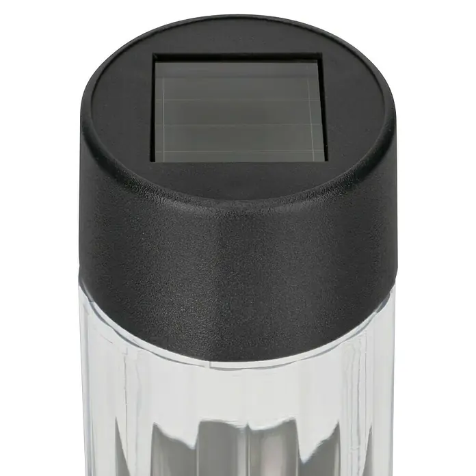 BAUHAUS Solarleuchten-Set Mini - L x B x H: 4,7 mm x 4,7 cm x 33,5 mm, Anthrazit, IP44 - Nahaufnahme einer Solar-Gartenleuchte mit schwarzem Solarpanel und transparentem, geriffeltem Lampenkörper. Ideal für stimmungsvolle Beleuchtung.