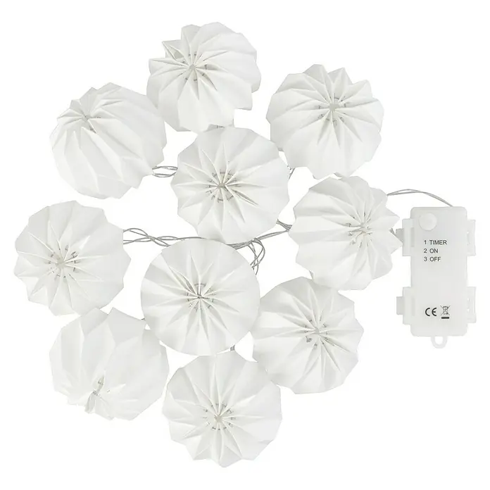 Starlux LED-Lichterkette Kleine Sonnen - Außen, Lichtfarbe: Warmweiß, Anzahl Leuchtmittel: 10 Stk., Akkubetrieben - Detailaufnahme einer Lichterkette mit weißen, runden Papierlaternen und einem Batteriefach mit Timer-, Ein- und Ausschaltfunktion.
