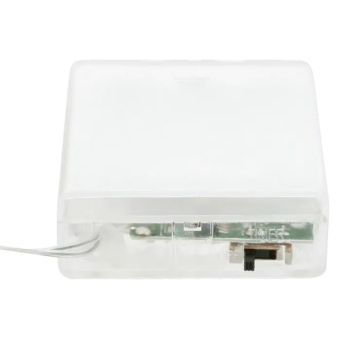 BAUHAUS LED-Lichterkette Balls - Innen, Lichtfarbe: Warmweiß, Anzahl Leuchtmittel: 20 Stk., Batteriebetrieben - Eine Nahaufnahme einer transparenten Batteriebox mit einem Schalter für Aus, Timer und Ein, ideal für Lichterketten.