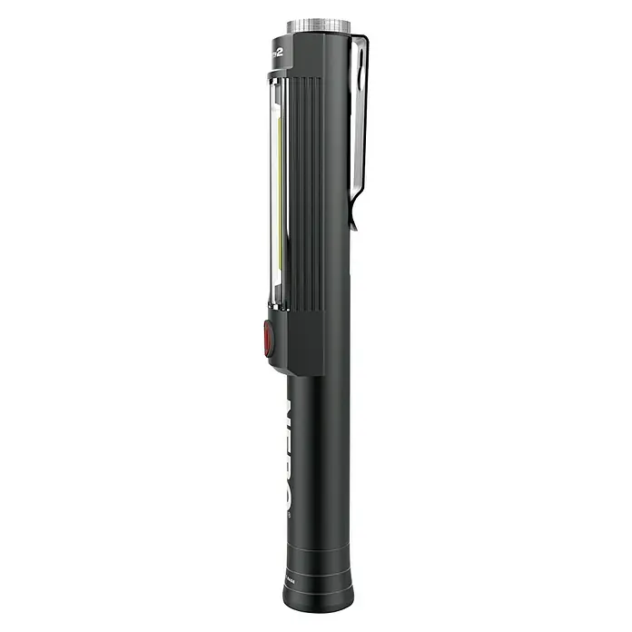 Nebo Tools Linterna Big Larry 2 - 3,2 x 2,5 x 19,7 cm, 40 lm - 500 lm - Esta imagen muestra una linterna NEBO con clip en negro, perfecta para el uso diario, proporcionando una fuente de luz práctica y fiable.