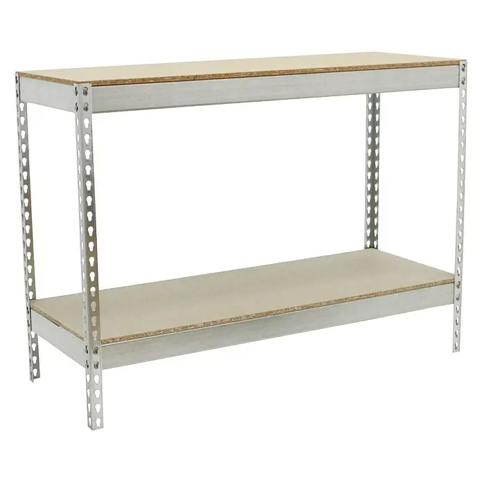 Simonrack Simontaller Estantería para cargas pesadas Chipboard - Al x An x Pr: 90 x 120 x 75 cm, Capacidad de carga por balda: 400 kg, Número de baldas: 2 ud., Inserción, Galvanizado - Primer plano de una estantería con dos estantes y un marco plateado sobre un fondo negro.