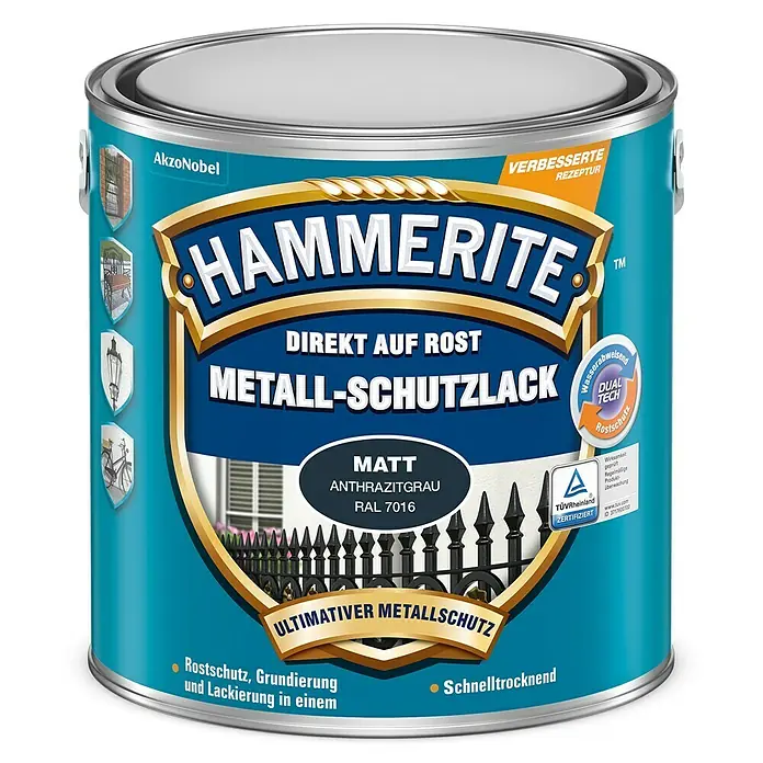 Hammerite Metall-Schutzlack - Anthrazitgrau, 2,5 l, Matt, Lösemittelbasiert - Dose Hammerite Metall-Schutzlack Anthrazitgrau RAL 7016, ein Rostschutz, Grundierung und Lackierung in einem für optimalen Metallschutz.