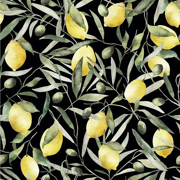 Glööckler Pompöös Provence Vliestapete Zitronen - Schwarz/Grün/Gelb, Floral, 10,05 x 0,53 m - Ein elegantes Muster mit Zitronen und Olivenzweigen auf dunklem Grund, ideal für stilvolle Designs und Dekorationen.