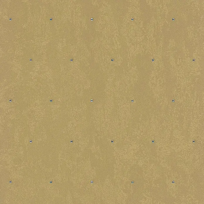 Glööckler Pompöös Provence Vliestapete Glitzersteinchen - Gold, Metalloptik, 10,05 x 0,53 m - Nahaufnahme einer strukturierten, goldfarbenen Wandfläche mit regelmäßig angeordneten, silberfarbenen Befestigungspunkten, die ein gleichmäßiges Muster bilden.