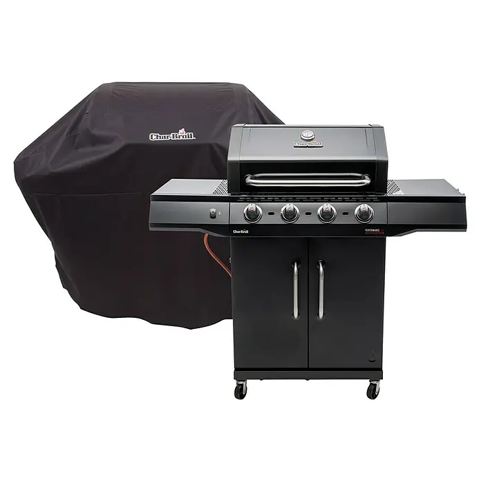 Char-Broil Gasgrill Performance Core B4 Set inkl. Schutzhülle - Grillfläche (B x T): 63 x 43,5 cm, 8,68 kW, Anzahl Brenner: 4 - Schwarzer Char-Broil Gasgrill mit Abdeckung. Der Grill verfügt über vier Brenner, Ablageflächen und einen Unterschrank für Zubehör.