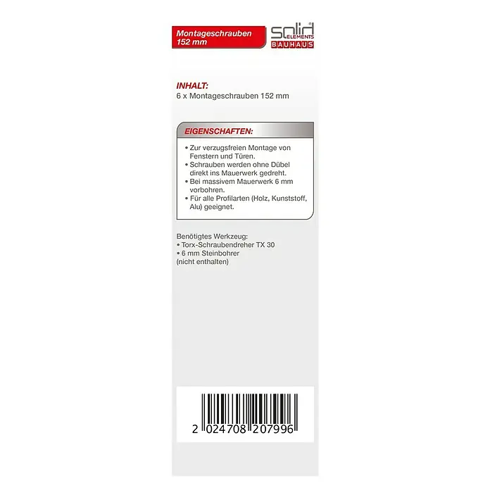 Solid Elements Montageschrauben - Länge: 152 mm, Passend für: Fenster- und Türenmontage, 6 Stk. - Bild einer Verpackung für Montageschrauben (6 Stück, 152 mm) von Solid Elements Bauhaus, mit Barcode und Produktinformationen.