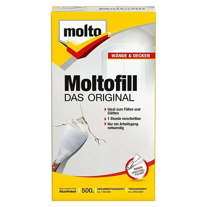 Molto Spachtelpulver Moltofill Das Original - Weiß, 500 g - Verpackung von Moltofill "Das Original" Wandfüller, ideal zum Ausbessern und Glätten von Wänden und Decken.