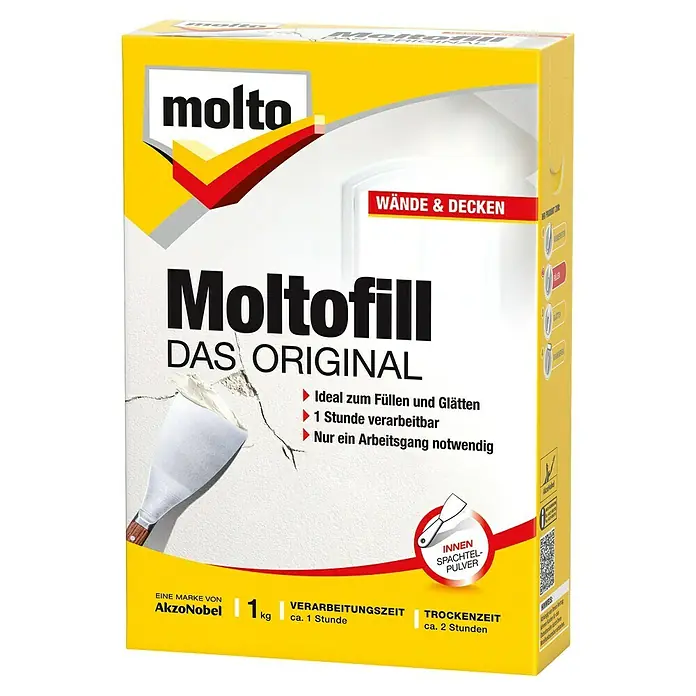 Molto Spachtelpulver Moltofill Das OriginalWeiß, 1 kg - Bild eines Moltofill „Das Original“-Füllstoffprodukts von Molto für Wände und Decken, ideal zum Füllen und Glätten in Innenräumen.