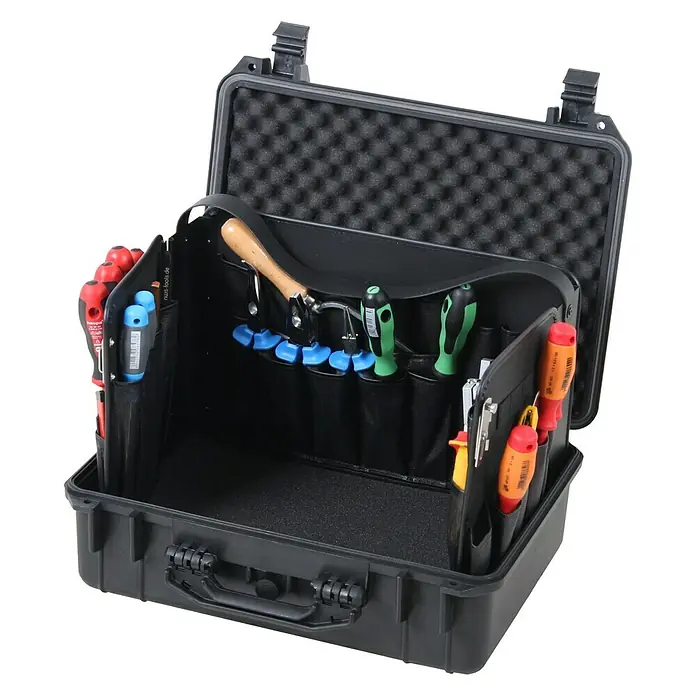 Hepco & Becker Werkzeugkoffer Solid 5615 & Wing 4901 - L x B x H: 360 x 465 x 175 mm, Polypropylen - Ein robuster Werkzeugkoffer, gefüllt mit verschiedenen Werkzeugen, bietet eine organisierte Aufbewahrungslösung für Profis.