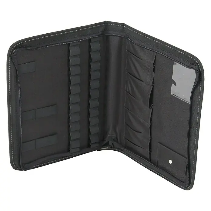 Hepco & Becker Werkzeugtasche Polytex 5805 - Polyester - Ein offenes, schwarzes Federmäppchen mit Reißverschluss zeigt Stiftschlaufen und Fächer zur Organisation von Schreibwaren.