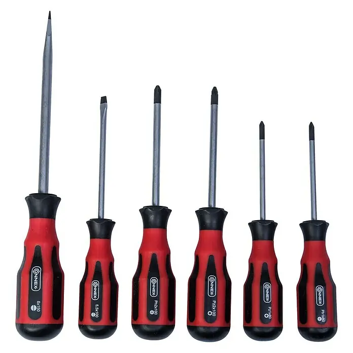 Connex Set de destornilladores COX311208 - 6 pzs., Acero - Un juego de seis destornilladores ONNEX con mangos rojos y negros, varios tamaños y cabezas.
