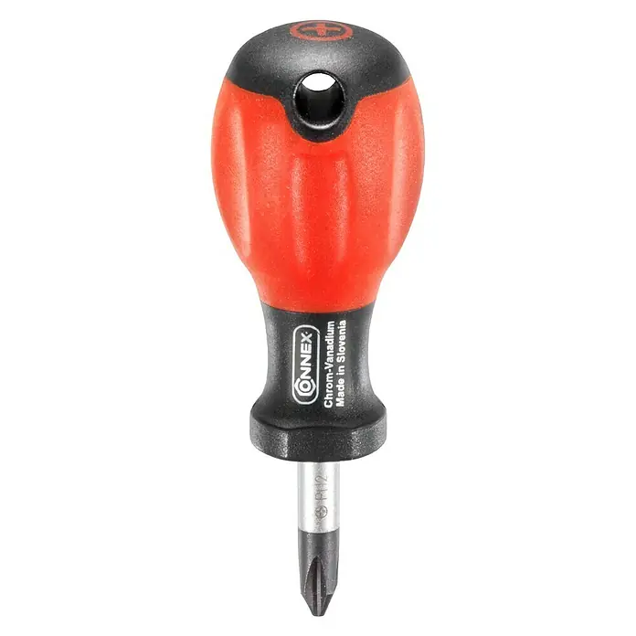 Connex Destornillador Stubby COX352042 - PH 2, Longitud de la hoja: 25 mm - Primer plano de un destornillador ONNEX rojo y negro con cabeza Phillips.