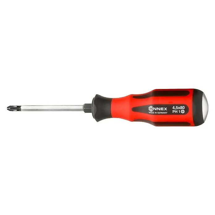 Connex Destornillador COX356001 - PH 1, Longitud de la hoja: 80 mm - Un destornillador Phillips rojo Connex 4,5x80 PH 1 con mango ergonómico para tareas de atornillado precisas.