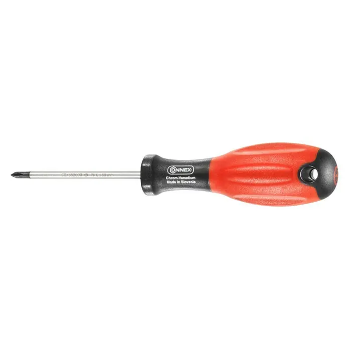 Connex Destornillador COX352000 - PH 0, Longitud de la hoja: 60 mm - Imagen de un destornillador Phillips Connex con mango rojo, fabricado en acero cromo vanadio, ideal para diversas tareas.