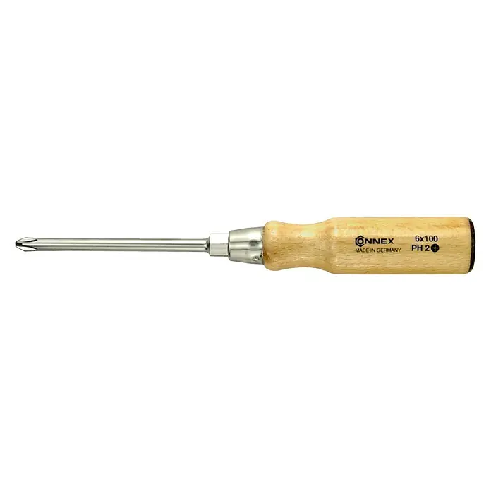 Connex Destornillador COX362001 - PH 1, Longitud de la hoja: 80 mm - Un destornillador de estrella Connex con mango de madera, tamaño 6x100, PH2, ideal para diversas tareas de atornillado en el taller y el hogar.