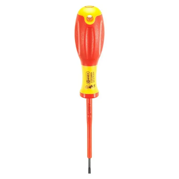 Connex Destornillador para electricista COX334025 - SL 2,5 mm, Longitud de la hoja: 75 mm - Un destornillador aislado con mango amarillo y rojo y hoja plana, adecuado para trabajar en sistemas eléctricos de hasta 1000V.