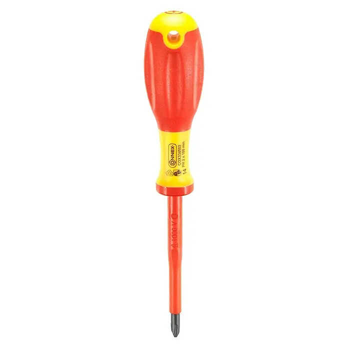 Connex Destornillador para electricista COX334502 - PH 2, Longitud de la hoja: 100 mm - Destornillador Phillips aislado con mango rojo y detalles amarillos, ideal para trabajos eléctricos seguros hasta 1000V.