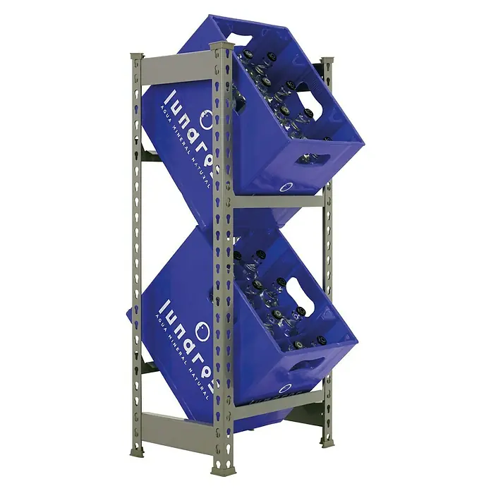 Simonrack Simonbottle Getränkekistenregal Bottleclick - H x B x T: 100 x 40 x 30 cm, Traglast Einlegeboden: 100 kg, Anzahl Böden: 2 Stk., Stecken, Grau - Das Foto zeigt ein Regal mit zwei blauen Behältern, die mit "Lunares Agua Mineral Natural" beschriftet sind und Wasserflaschen enthalten.