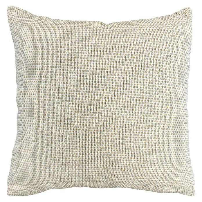 Cojín Estructura - 45 x 45 cm, Poliéster, Mostaza, Cuadrado - Primer plano de un cojín cuadrado con un patrón tejido beige y blanco, que aporta un toque acogedor y elegante.